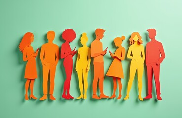 Diverse group paper cut people hold phones. Individuals of different races using smartphones. Creative colorful cutout figures. Digital communication concept. Community together. Modern lifestyle.