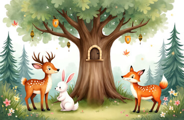 Obraz premium Cute deer, rabbit, and fox friends gather near a large tree with a tiny door and hanging beehives. Forest animals and nature elements blend in a charming watercolor style, perfect for children.