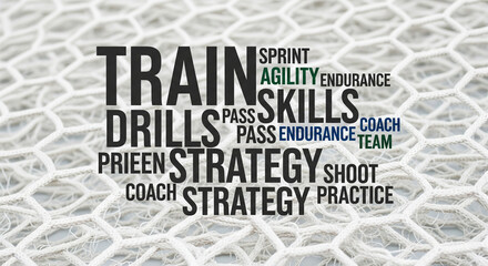 Soccer Word Cloud Overlay on Net: Strategy and Training Concept
A conceptual graphic where a dense word cloud related to football strategy and training is superimposed over the texture of a soccer