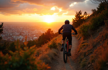 Athlete on bike rides down mountain trail. Man with helmet rides bicycle at sunset. Cyclist on mountain path at sundown. Silhouette of biker and city.