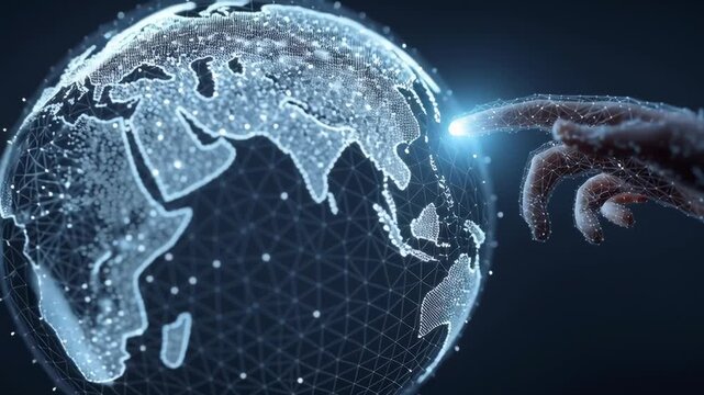 A hand is touching a globe, symbolizing the connection between humanity and the planet. Concept of unity and interdependence between people and the environment
