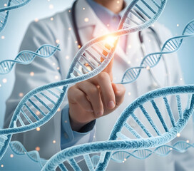 Doctor touching digital dna helix in modern medical research