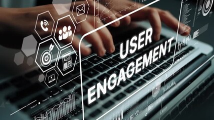 Hands Typing on Laptop with User Engagement Concept Visualized through Graphics and Icons for Digital Marketing Strategy. Asymptotic smart data analytic. - Powered by Adobe