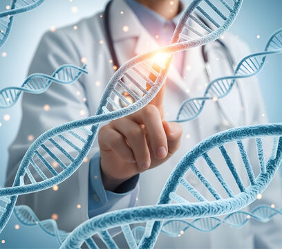 Doctor touching digital dna helix in modern medical research
