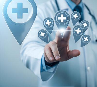 Doctor touching digital medical location pins