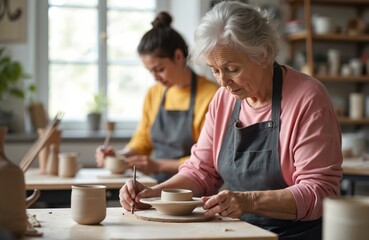 Elderly woman and younger person work on pottery in art studio. They shape and paint ceramic bowls, learn craft skills together. Senior woman teaches apprentice in workshop, developing creative hobby.