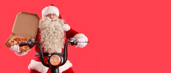 Santa Claus with tasty pizza on electric scooter against red background with space for text
