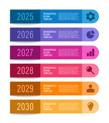 Color-coded yearly timeline infographic with rounded tabs and clean icon accents. A professional layout ideal for planning, scheduling, and long-term project visualization.
