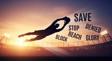 Goalkeeper Diving Save Silhouette Surrounded by Victory Action Words
A dramatic graphic depicting a soccer goalkeeper in a full-stretch, diving save pose, rendered as a powerful black silhouett