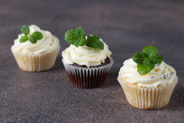 Homemade sponge and chocolate cupcakes decorated with cream cheese and mint