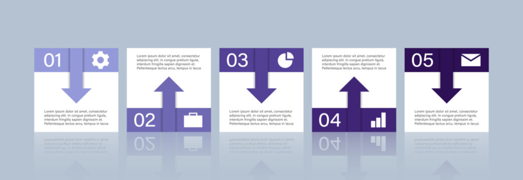 Five-step infographic with bold directional arrows and structured square layouts. A clean and professional design ideal for workflows, process visualization, and business presentations. - Powered by Adobe