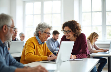 Seniors learn computer skills with teacher help. Older adults and retirees use laptops in a bright classroom. Technology class fosters connection and education for elderly students. Happy learning.