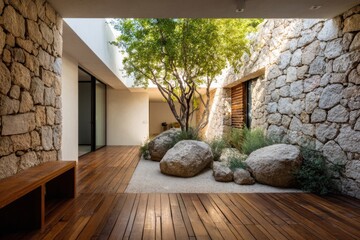 Modern courtyard features natural stones and wooden deck, showcasing a relaxing space filled with greenery and light in a contemporary architectural setting