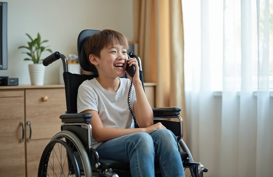 Young boy with disability talks on phone in wheelchair. Happy kid chats with friend indoors, enjoys conversation, bright room, home comfort. Lifestyle and communication.