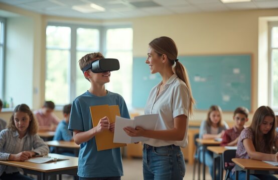 Teenage boy wears VR glasses in classroom. Young teacher smiles at student using virtual reality headset. Kids learn new tech at school. Modern education with future devices transforms learning