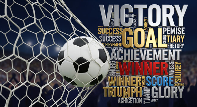 Goal and Victory: Soccer Ball Hits Net with Success Word Cloud.
A striking visual capturing the climactic moment of a soccer goal, with the football stretching the back of the net