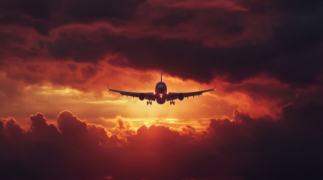 A commercial airplane takes off against a dramatic sunset and stormy clouds.