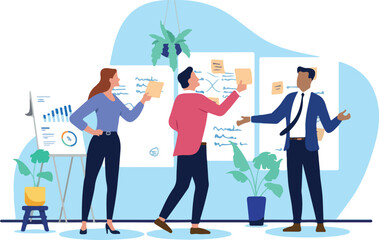 A business team of people having a brainstorming workshop session, using whiteboards and sticky notes to create a new strategy or a project plan, flat design vector illustration
