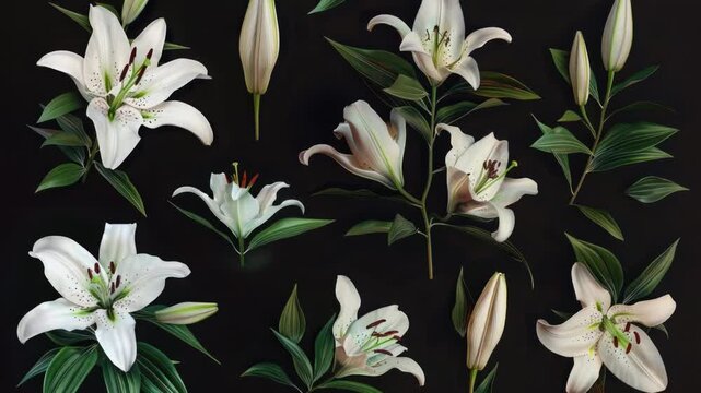 Video A still life graph of a bouquet of white flowers arranged on a black surface