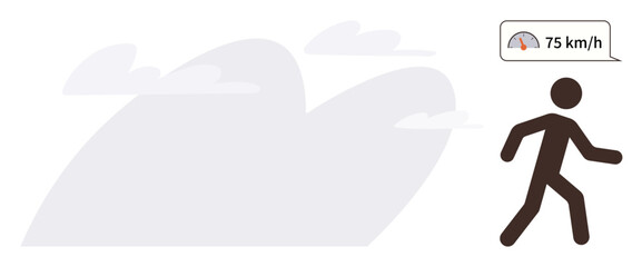 Stick figure running with a speed measurement of 75 kmh in a speech bubble. Clouds indicate dynamic motion. Ideal for speed, activity, fitness, progress, performance, measurement, and competition