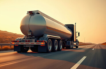Fuel truck transports gas along highway. Semi trailer drives on a roadway. Delivery vehicle carries petrol in tank at sunset. Logistic transport of flammable liquids by car.