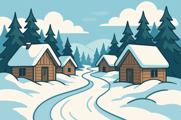 Fototapeta premium Snowy log cabin village in winter forest landscape