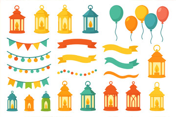 Colorful lanterns, garlands, balloons, and banners for celebration