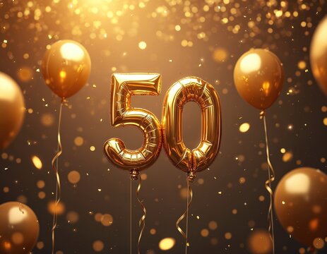 Golden balloons form number 50 for anniversary party. Confetti floats around festive celebration with bokeh lights. Milestone event with shiny decor for special occasion.