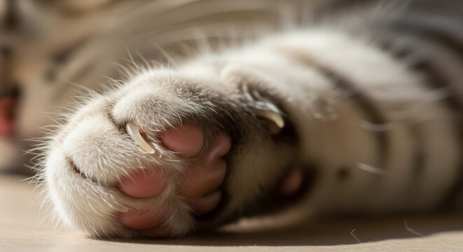 Adorable Kitten Paw Showing Pink Pads and Sharp Claws
An extreme close-up shot captures the front paw of a domestic tabby kitten or cat, emphasizing the soft