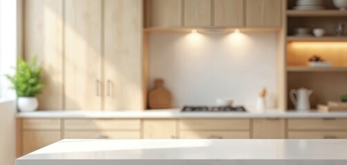 Fototapeta premium Minimalist kitchen interior with light wood cabinets and white countertop. Soft daylight illuminates cozy cooking space, clean and neat, empty area.