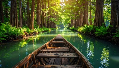 Obraz premium A weathered wooden boat travels a serene canal through a verdant forest, sunlight dappling the water's surface