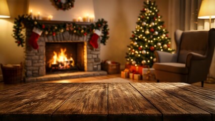 Empty dark wood table with fireplace and decorated Christmas room out of focus, warm cozy lighting, natural shadows, space for product placement