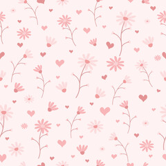 Soft romantic seamless pattern featuring delicate pink flowers, branches and tiny hearts.Minimal and elegant floral background ideal for valentine day,wedding stationery,wrapping paper,textile prints.
