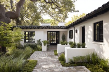 Modern home entrance surrounded by lush greenery in a tranquil residential neighborhood during a bright sunny day, showcasing neatly arranged plants and elegant architectural details
