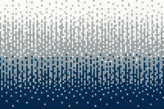 Gradient mosaic tile wall with white to blue pixel pattern