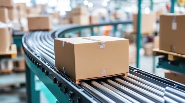 A conveyor belt with cardboard boxes in a warehouse setting.