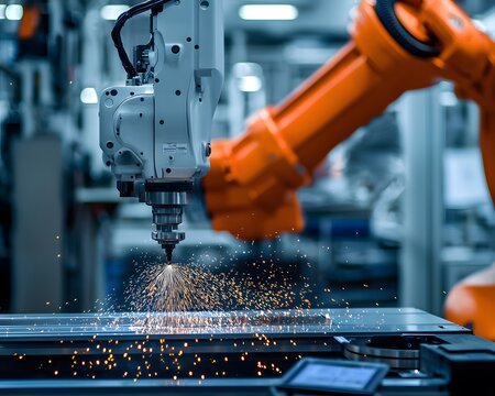 A modern industrial robot arm performs precision work, creating sparks while machining metal. The scene captures advanced technology in a manufacturing environment.