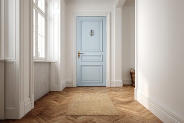 Bright hallway featuring a light blue door with elegant molding and wooden flooring, welcoming natural light in a peaceful home setting
