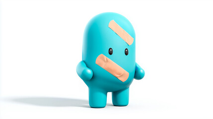 Cyan cartoon character with adhesive bandages. Concept of repair and resilience