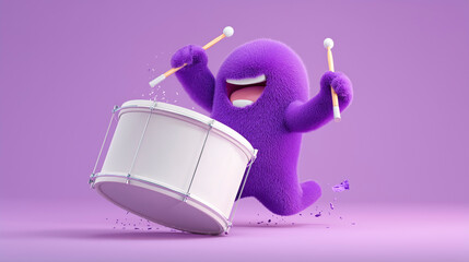 Purple cartoon character playing a drum, attention and noise concept