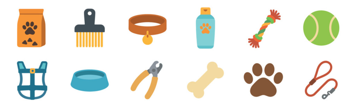 Set of dog care accessories and pet supplies including food, a collar, leash, toys, and grooming tools, presented as a colorful flat design icon collection for veterinary or pet shop themes