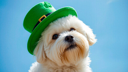 Happy white puppy dog in festive St Patrick's day green hat on holiday background. Irlend and Irish traditional holiday. Horizontal banner, poster with copy space, free space for text