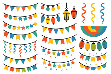 Set of festive party decorations with lights and bunting