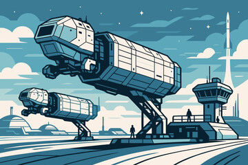 Futuristic spaceport with launch towers and spacecraft on platforms
