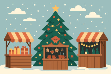 Festive Christmas market with decorated tree and snowy stalls