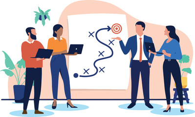 A modern flat design vector illustration of a diverse business team collaborating on a strategic plan to achieve a common goal in the office.