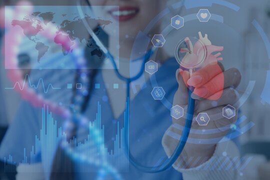 Double exposure of virtual screen and female doctor with stethoscope in clinic