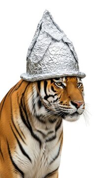 tiger wearing a tinfoil hat, paranoid, paranoia, on a white background, animal photo