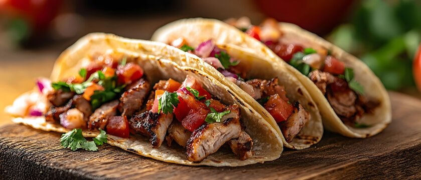 Delicious taco trio featuring grilled chicken, fresh salsa, and vibrant herbs, beautifully presented on a rustic wooden board, perfect for any culinary or food photography project.