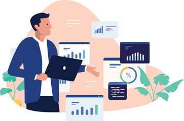 A smiling young businessman holding a laptop, surrounded by data analysis charts and graphs, representing business, finance, and technology in a flat design vector illustration